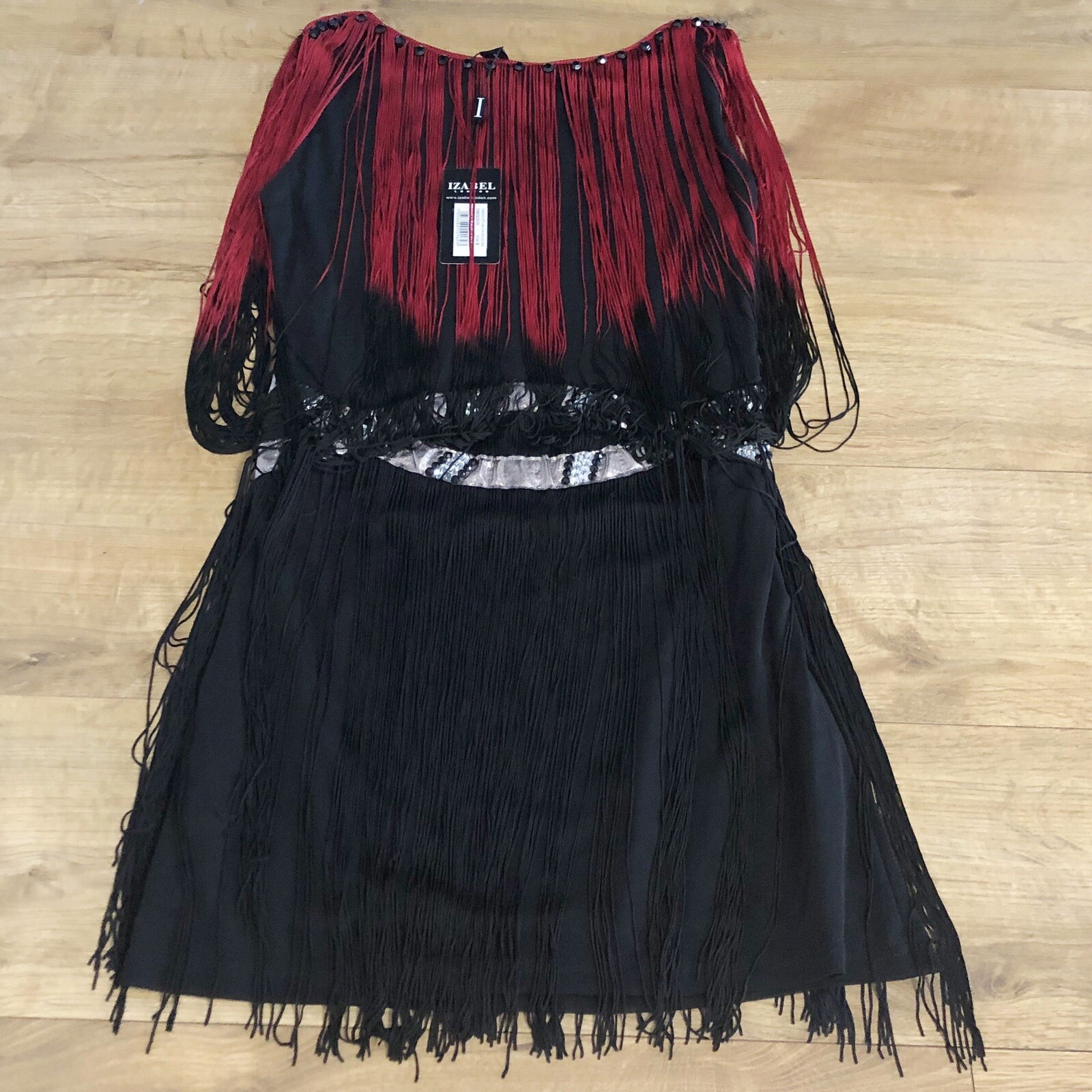 Izabel London Sleeveless Ruffle Waistline Detailed Dress UK8 Black & Wine BNWT