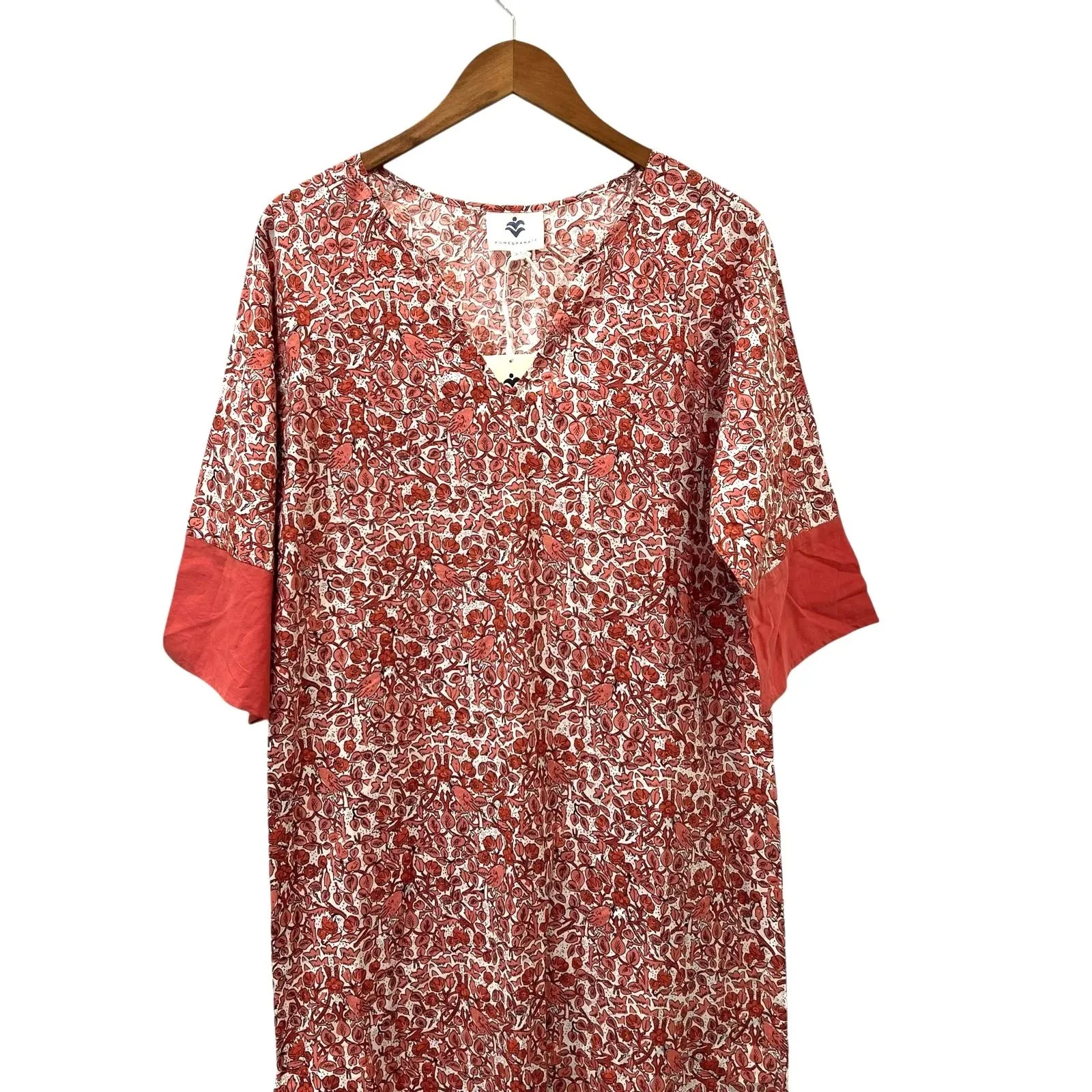 Pomegranate Kaftan Caftan Dress Womens XS Orange Bird Floral Long Cotton Boho