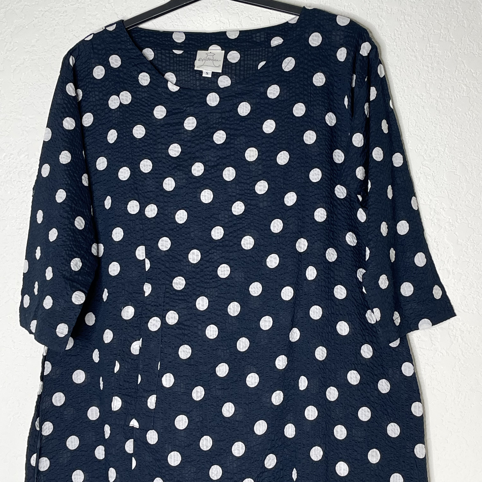 Spirithouse 3/4 Sleeve Polka Dot Lagenlook Semi Sheer Dress Sz Small Navy White