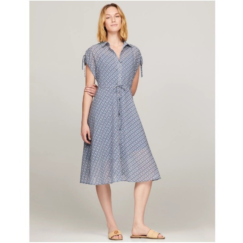 Tommy Hilfiger Dress Monogram Chiffon Midi NWT Womens XS Short Sleeve Blue