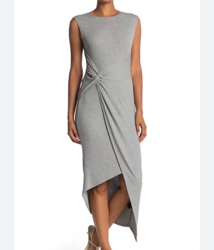 LAUNDRY By Shelli Segal Knot Asymmetric Midi Dress Gray Knit Women’s Size XL NWT