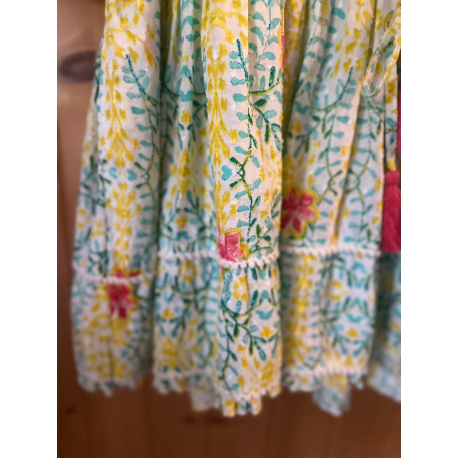 MODAPOSA Cottagecore Floral Block Print Cotton Boho Dress Yellow Teal Pink M