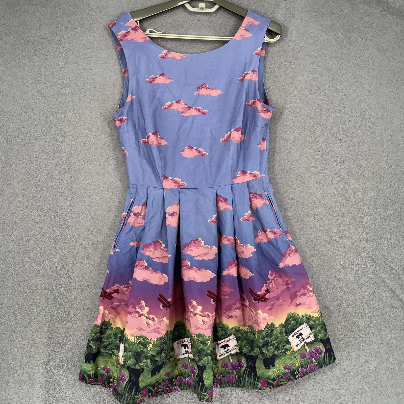 Dangerfield Dress Womens 10 Blue Pink Fit Flare Clouds Floral Animals Graphic