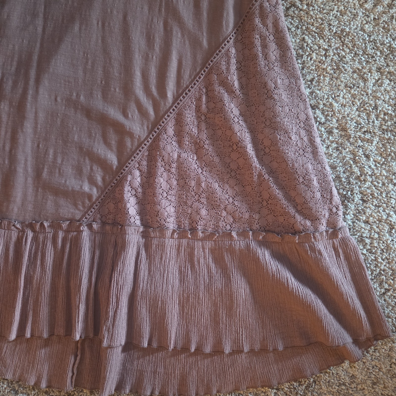 Small Cocoa Brown Sleevelss Dress Cotton Gauze Lace Ruffle LOGO Lori Goldstein