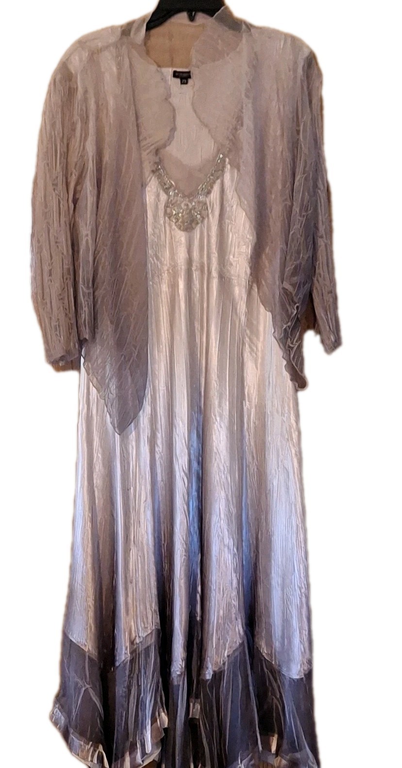 Komarov 2X Silver/Gray Mauve Beaded Sleeveless Chiffon Gown Dress & Sheer Jacket