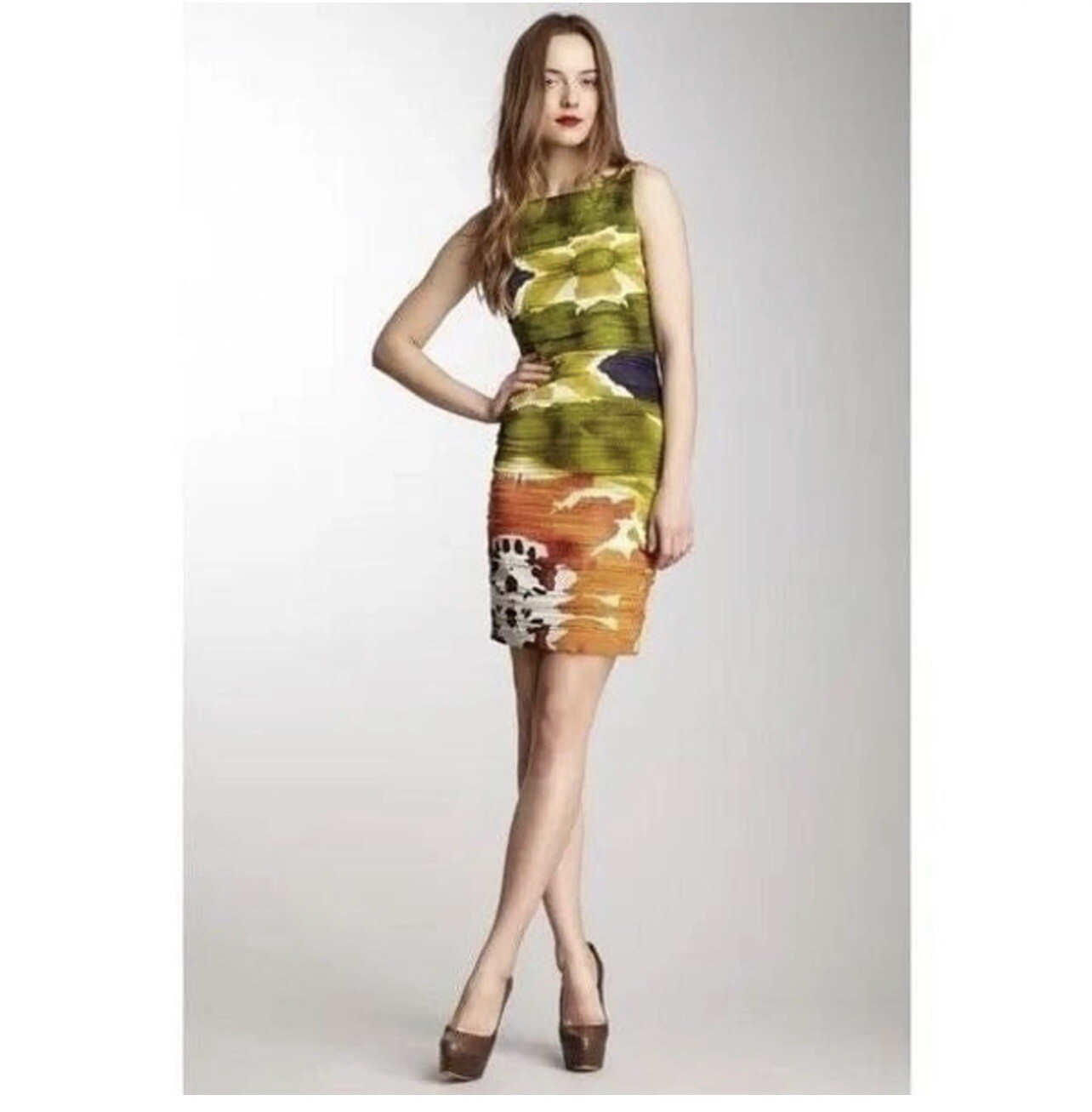 Alice + Olivia Valerie Silk Ruched Mesh Orange White Green Sleeveless Dress SZ 6