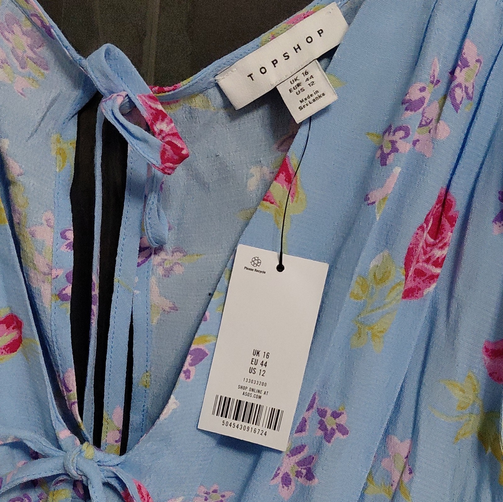 Topshop Blue Floral V-Neck Short Sleeve Maxi Dress Tie Neck UK 16