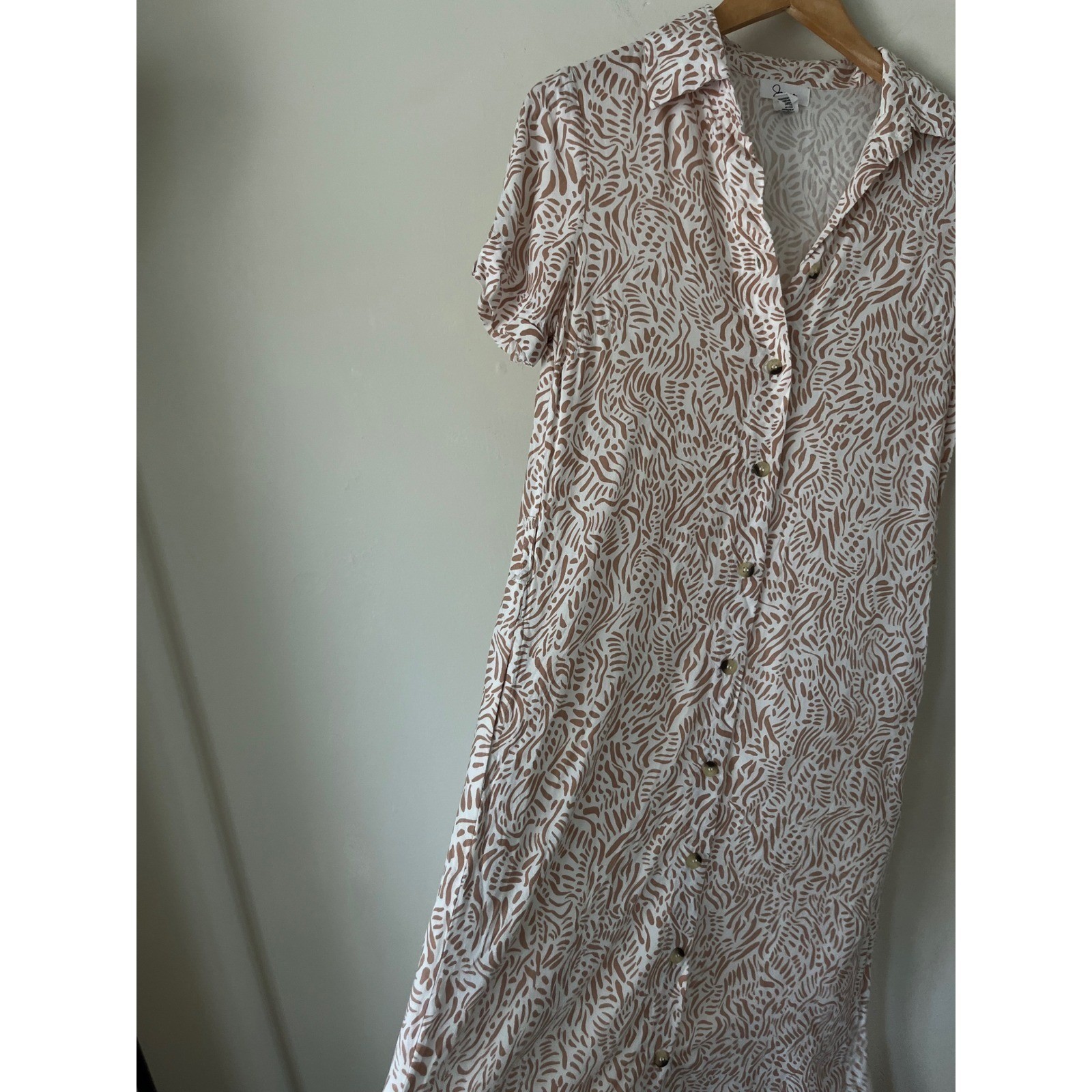 Japna Tan White Abstract Leaf Print Button Down Midi Shirt Dress Womens Small