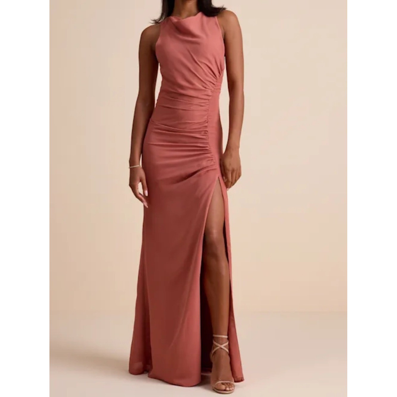 NWT-Mikaila Rusty Rose Cowl Neck Ruched Column Maxi Dress