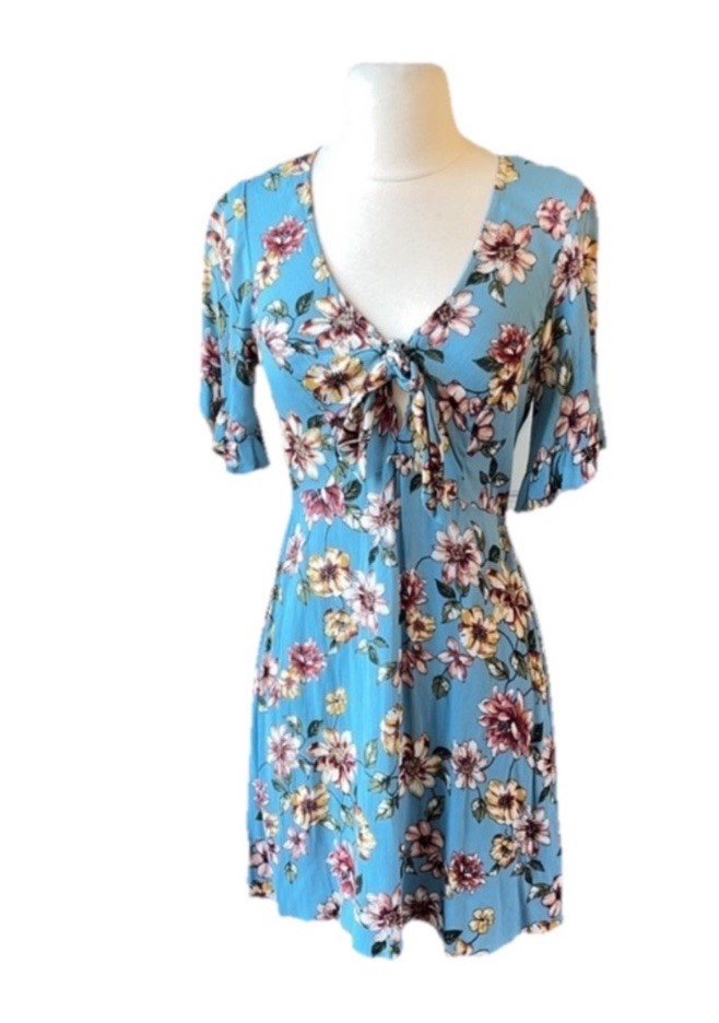 Floral Summer Romantic Dress Blue Flowy Ruffle Sleeve Womens Small Mini