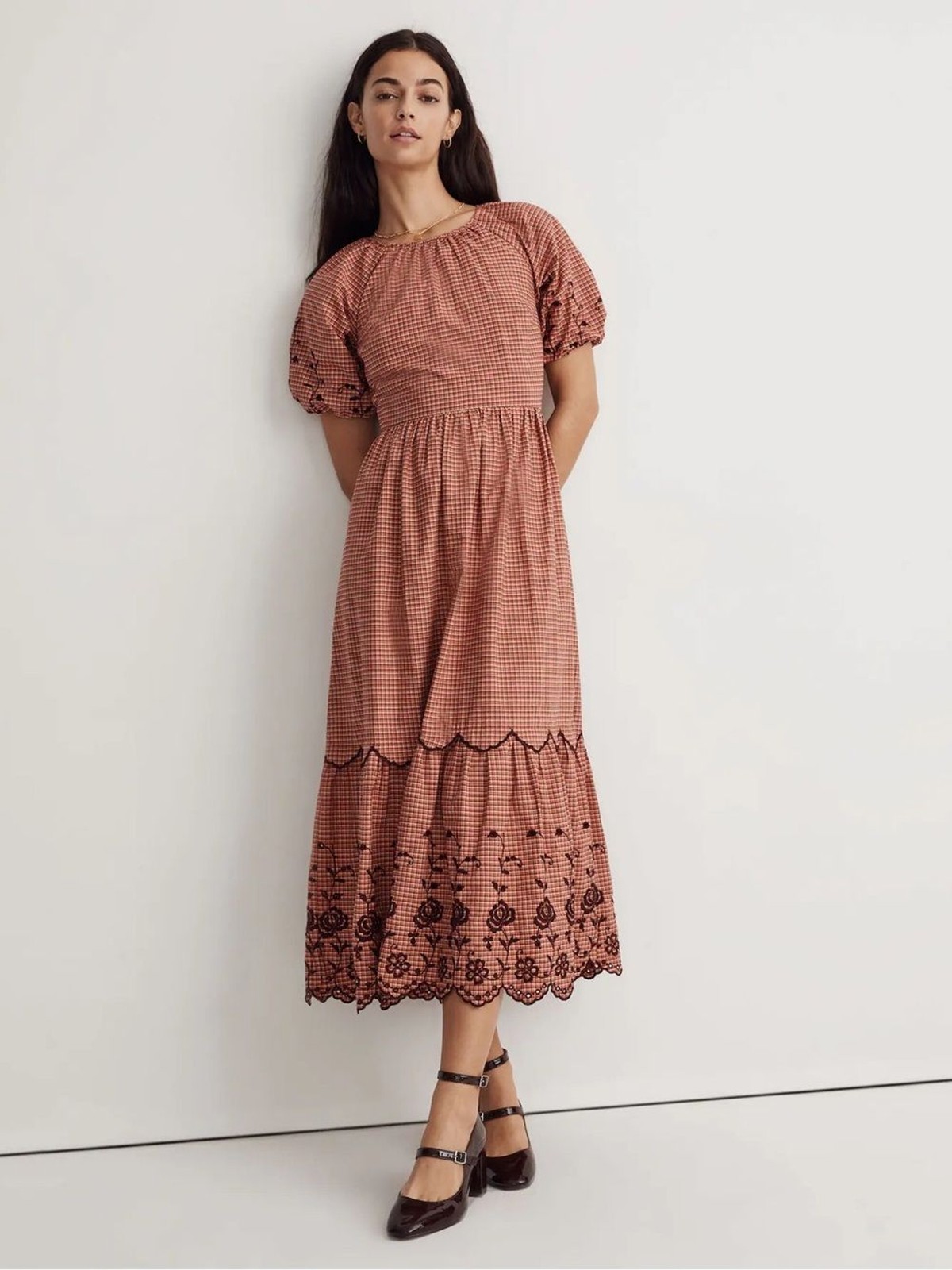 Madewell NWOT Red Gingham Embroidered Puff Sleeve Bow Back Midi Dress Size 10