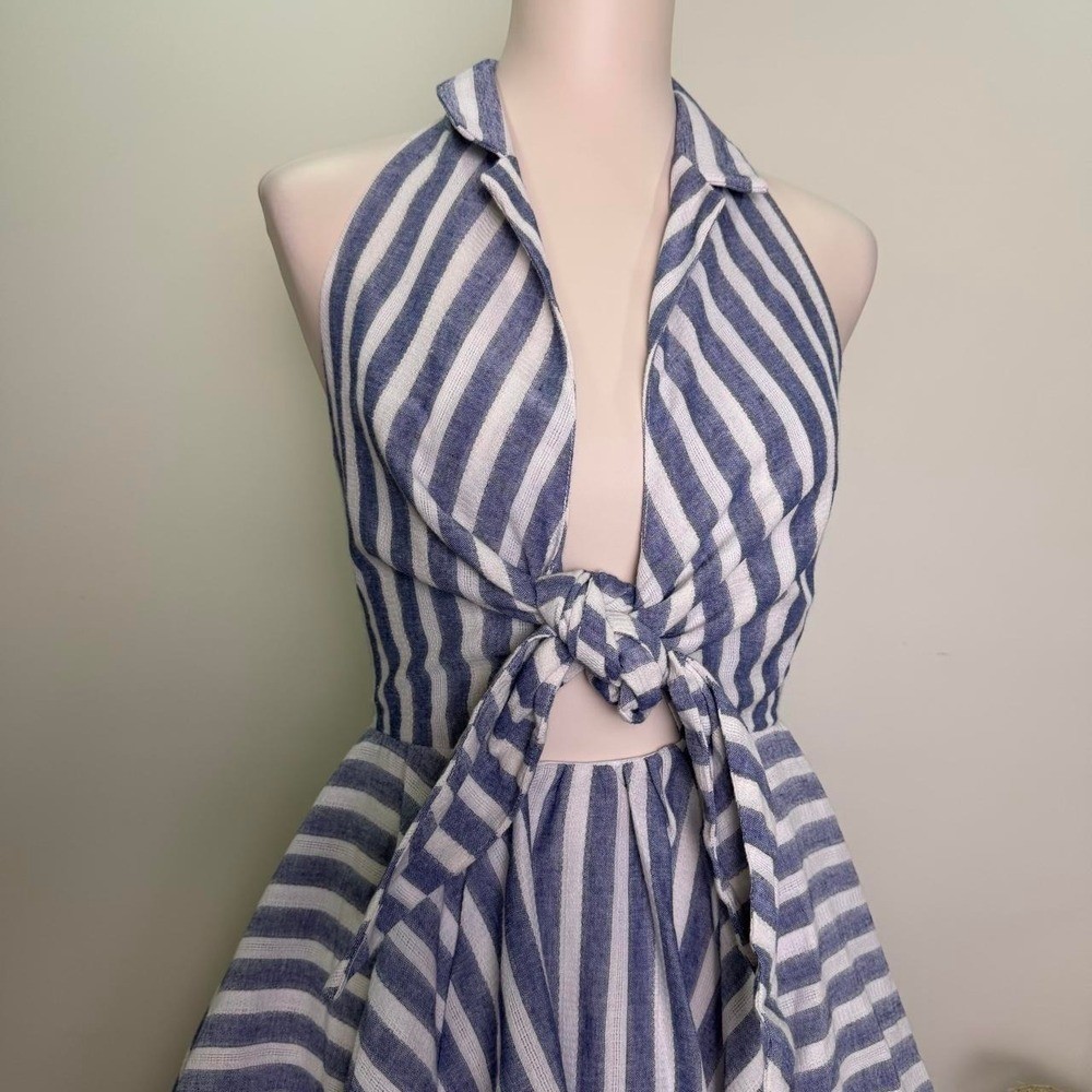 Luxxel S Blue & White Stripe Tie-Front Halter Bubble Mini Dress