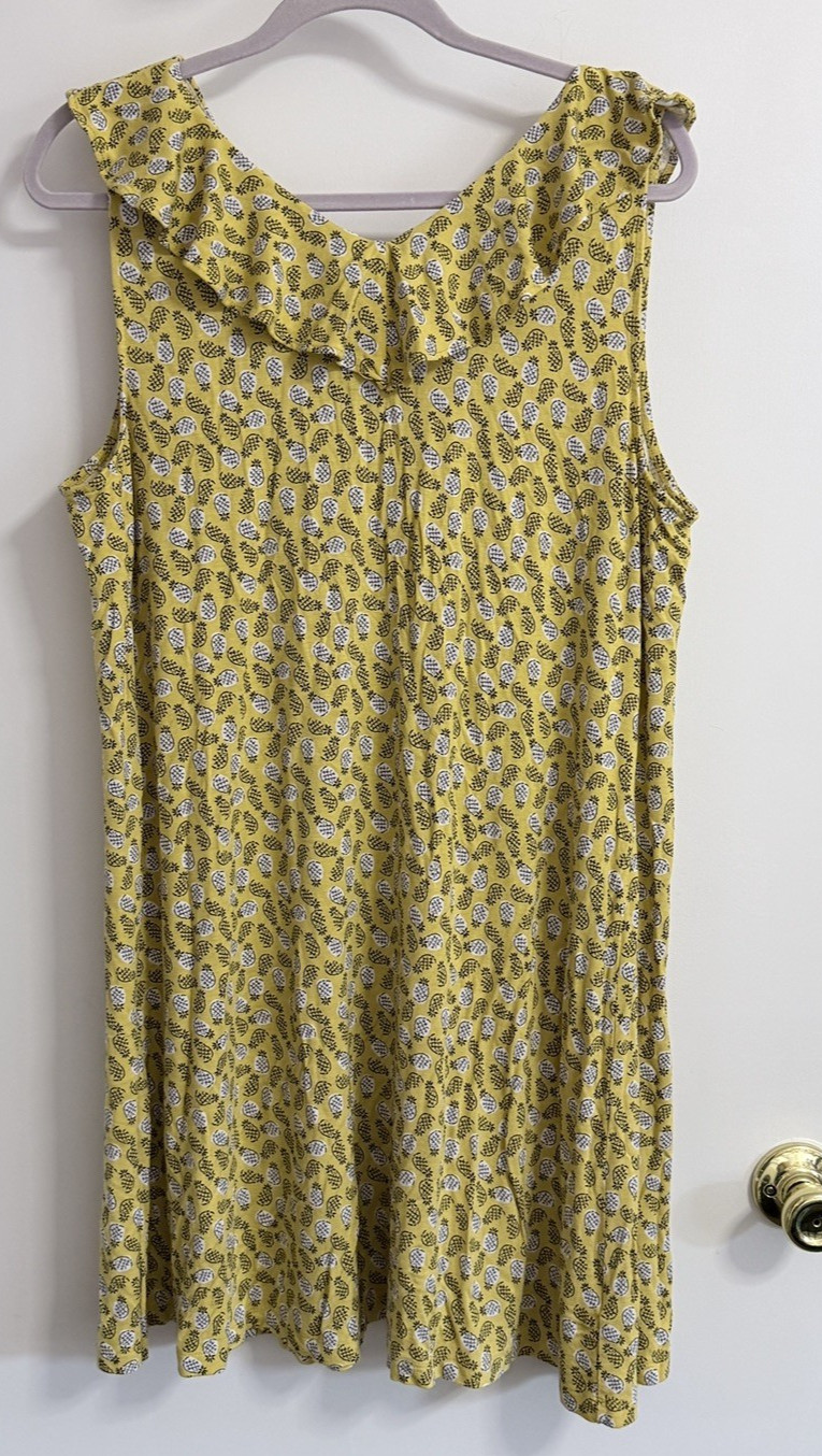 Ann Taylor Loft Fit n Flare Swing Dress XL Yellow Pineapple Fruit Beachy Flowly