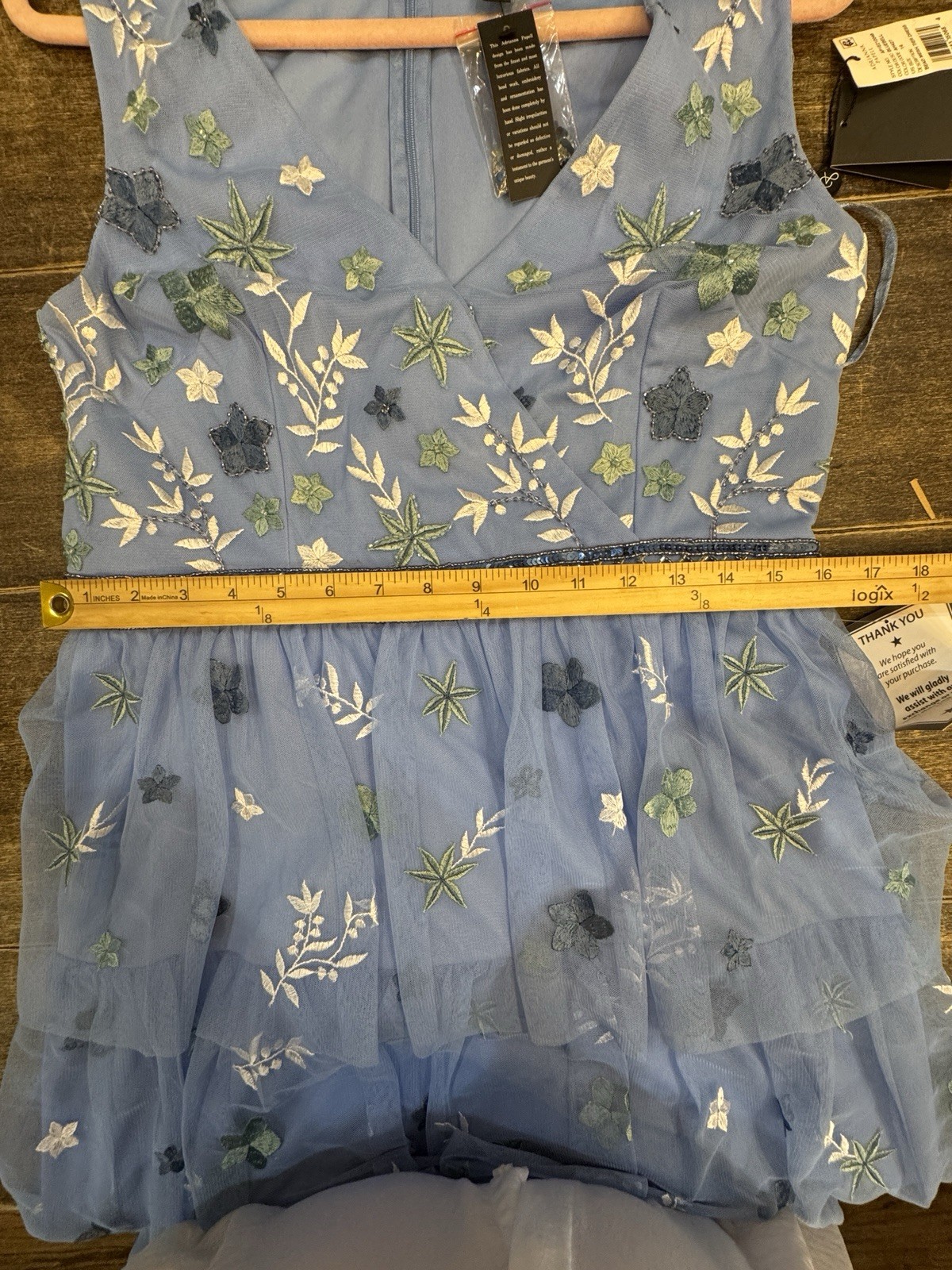 Adrianna Papell Beaded Tiered Mesh Dress Blue Womens Size 14 Floral Embroidered