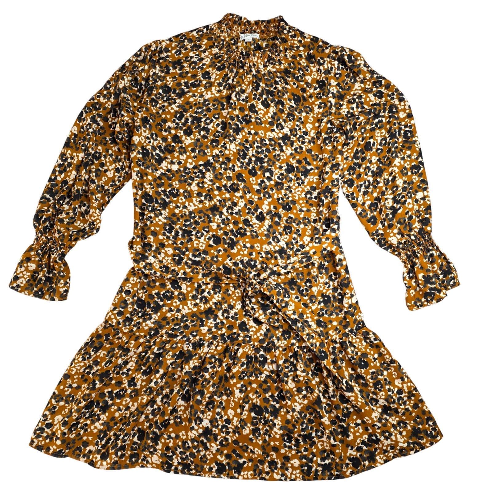 Ophelia Roe Animal Print Mini Dress Women Size S Yellow Smocked Tiered Ruffle