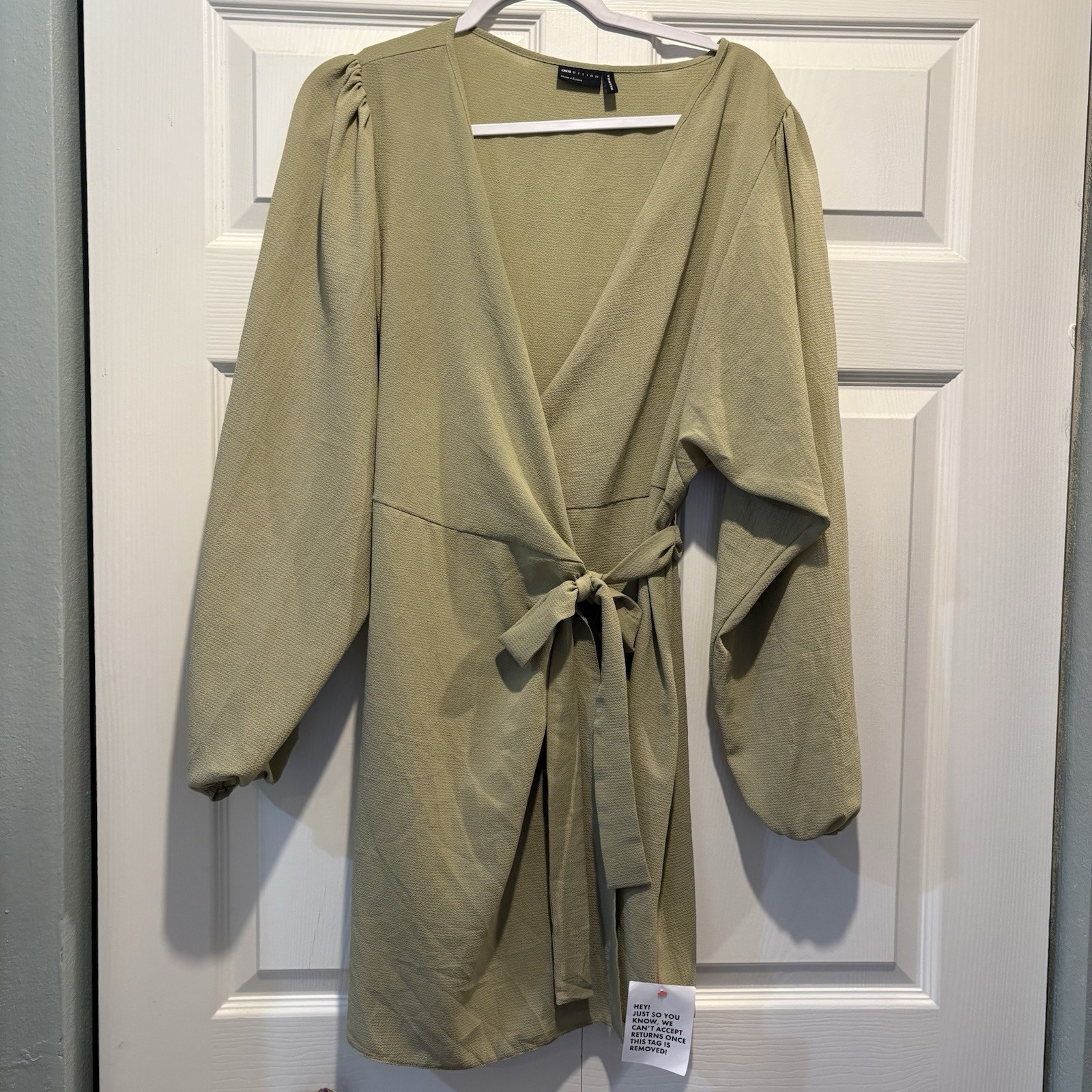 ASOS DESIGN Textured Khaki Wrap Mini Tea Dress Long Sleeve Tie Waist US 12 NEW