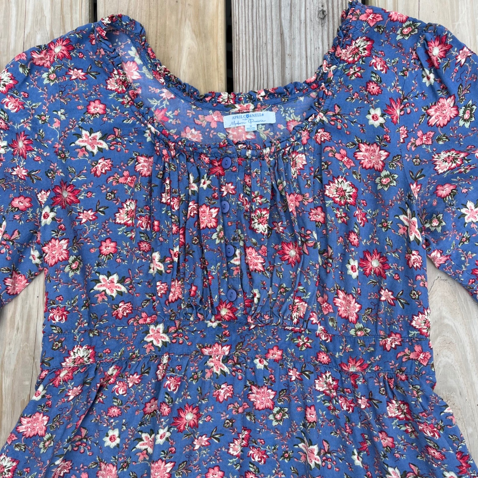 April Cornell X Modern Prairie Dress Blue Floral Midi Cottagecore Tie Waist Med