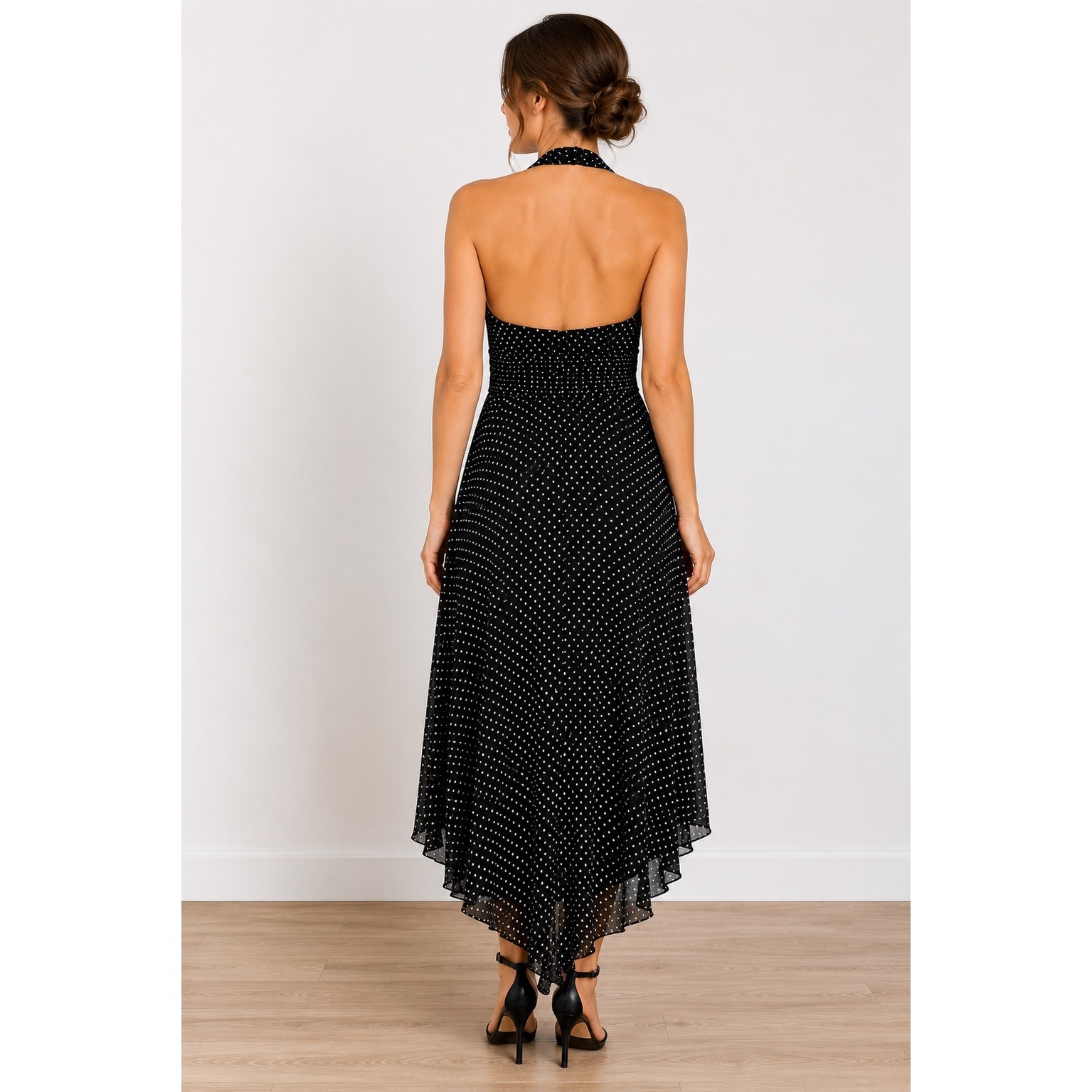 Kay Unger New York Black White Polka Dot Halter Hi-Low Chiffon Dress 16