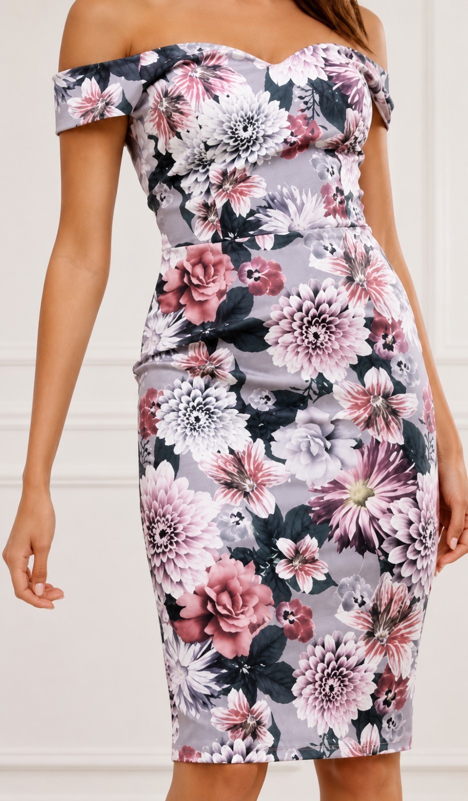 Lilac Mix Floral Bodycon Pencil Dress 14 Wiggle Occasion Party Stretch