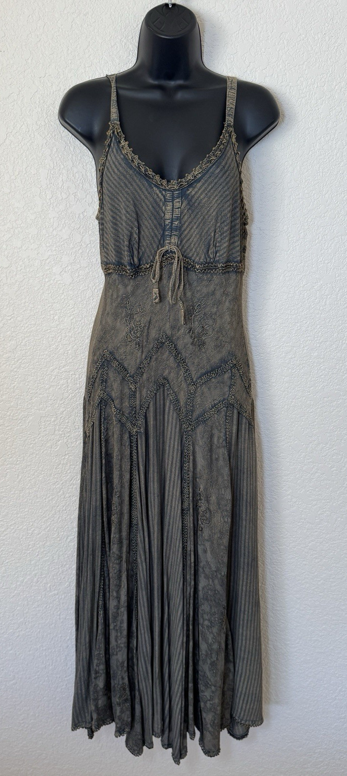 Flower Embroidered Drawstring Maxi Dress Large Whimsigoth Forest Fairy Grunge
