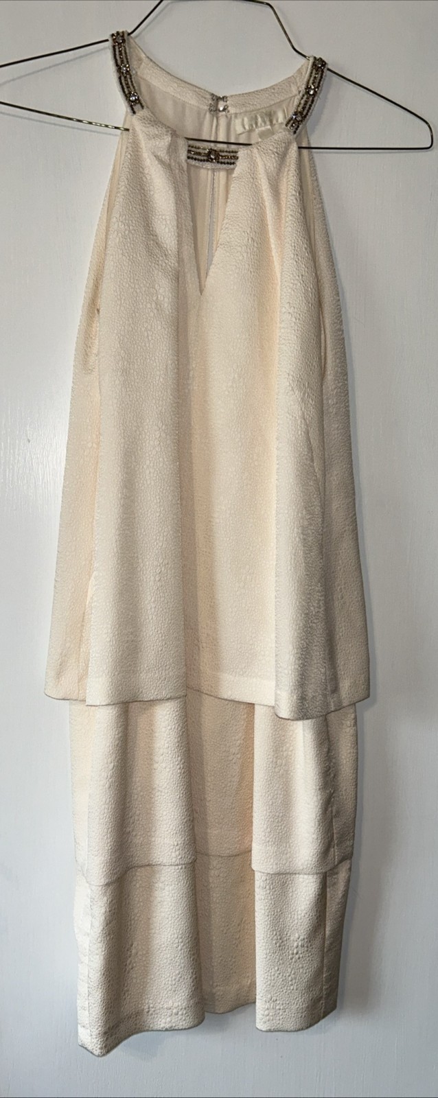 Ann Taylor Cream Jeweled Choker Layered Textured Dress Shows size 14, runs small