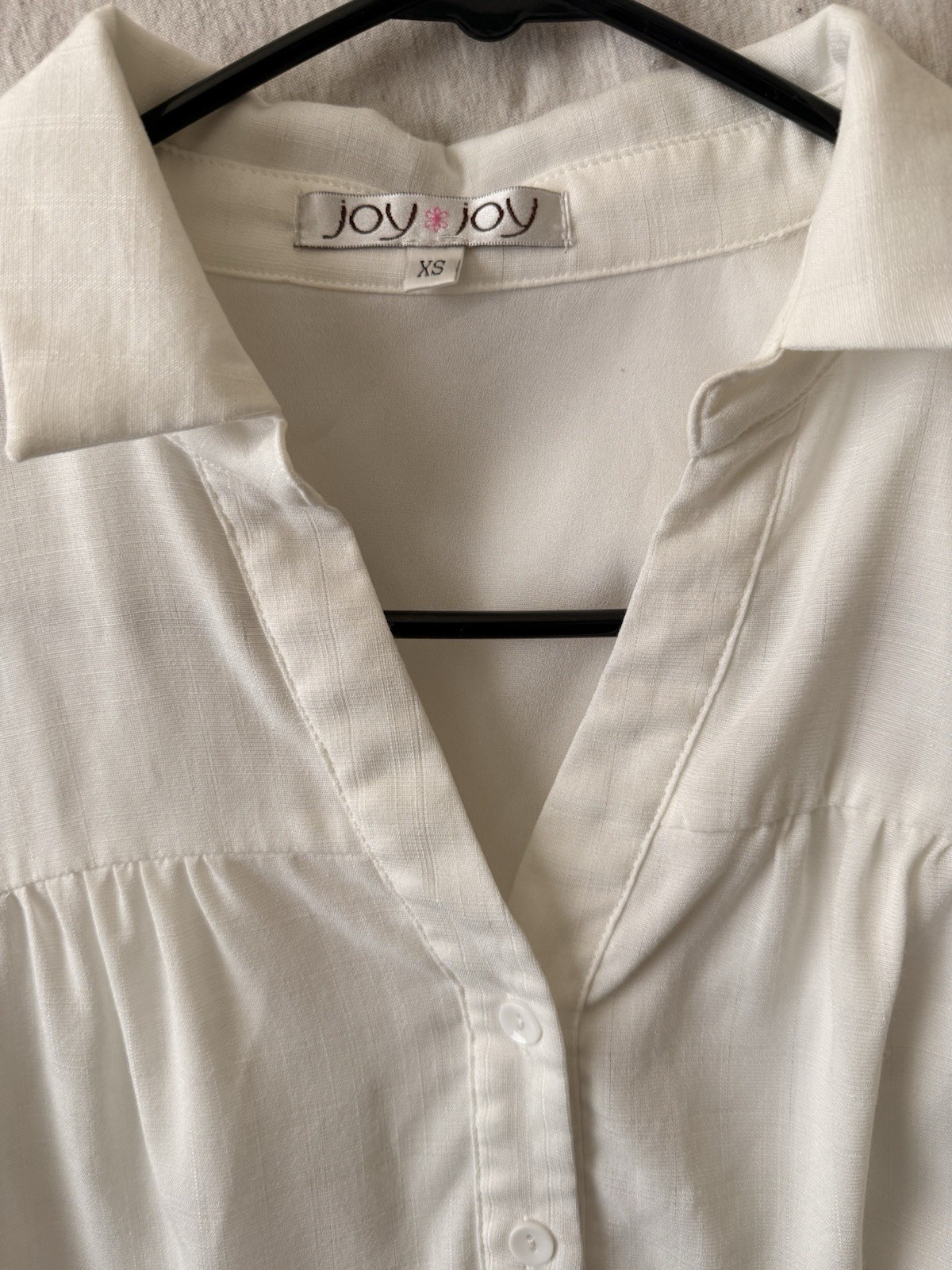 Joy Joy White Solid Collared Short Sleeve Button Front Tiered Shirt Dress XS