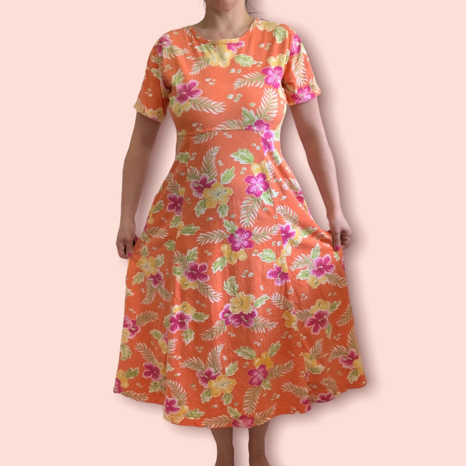 Vintage 1990s Capacity Knits Orange Tropical Floral Maxi Dress Size Medium