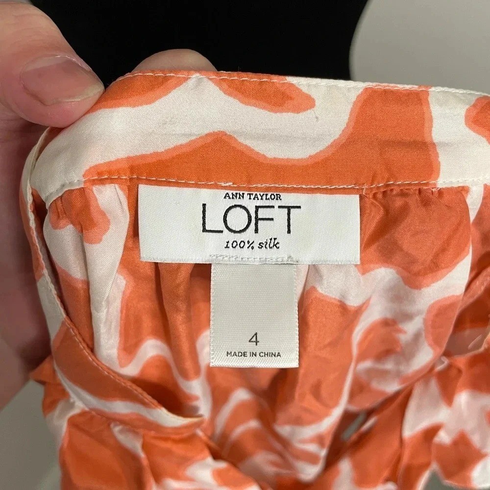 Ann Taylor Loft 100% Silk Coral and White Geometric Ruffle Sleeve Mini Dress