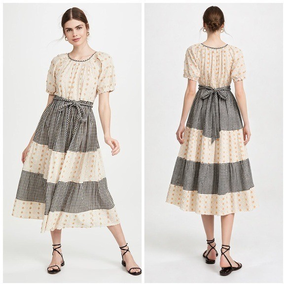 Ace & Jig Noah Dress Fitzroy M NWT Gingham Tiered Midi Cream Floral Embroidered