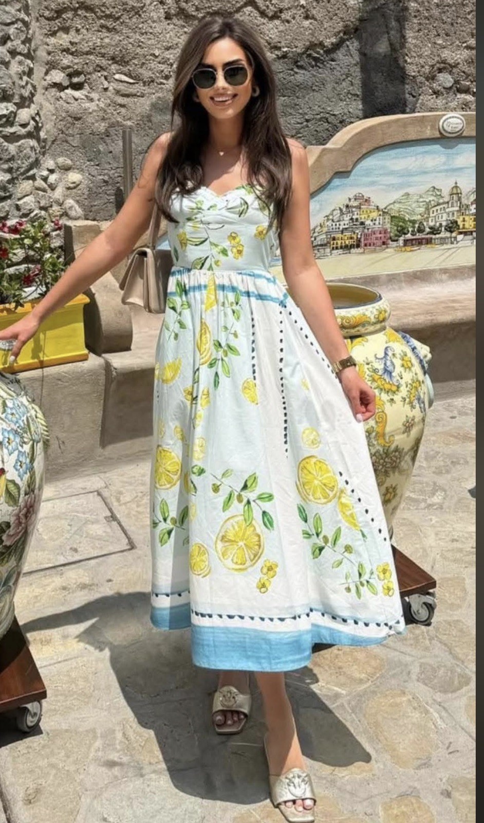Zara Lemon Print Long Poplin Dress Light Blue Green Size XS 3454/347 New
