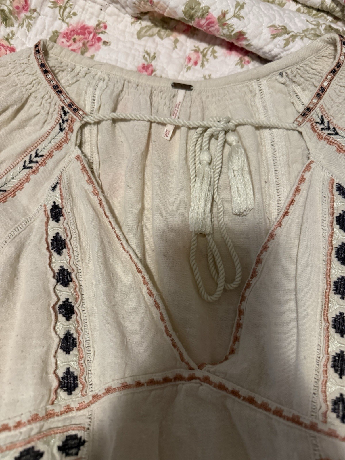 Free People Ivory Embroidered V-Neck Tie Tassel Bell Sleeve Mini Dress XS