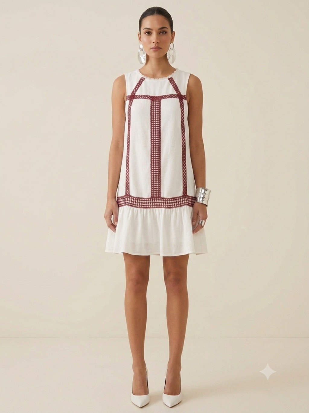 Moon River White Crochet Lace Trim Drop Waist Mini Shift Dress Size L Boho Summe