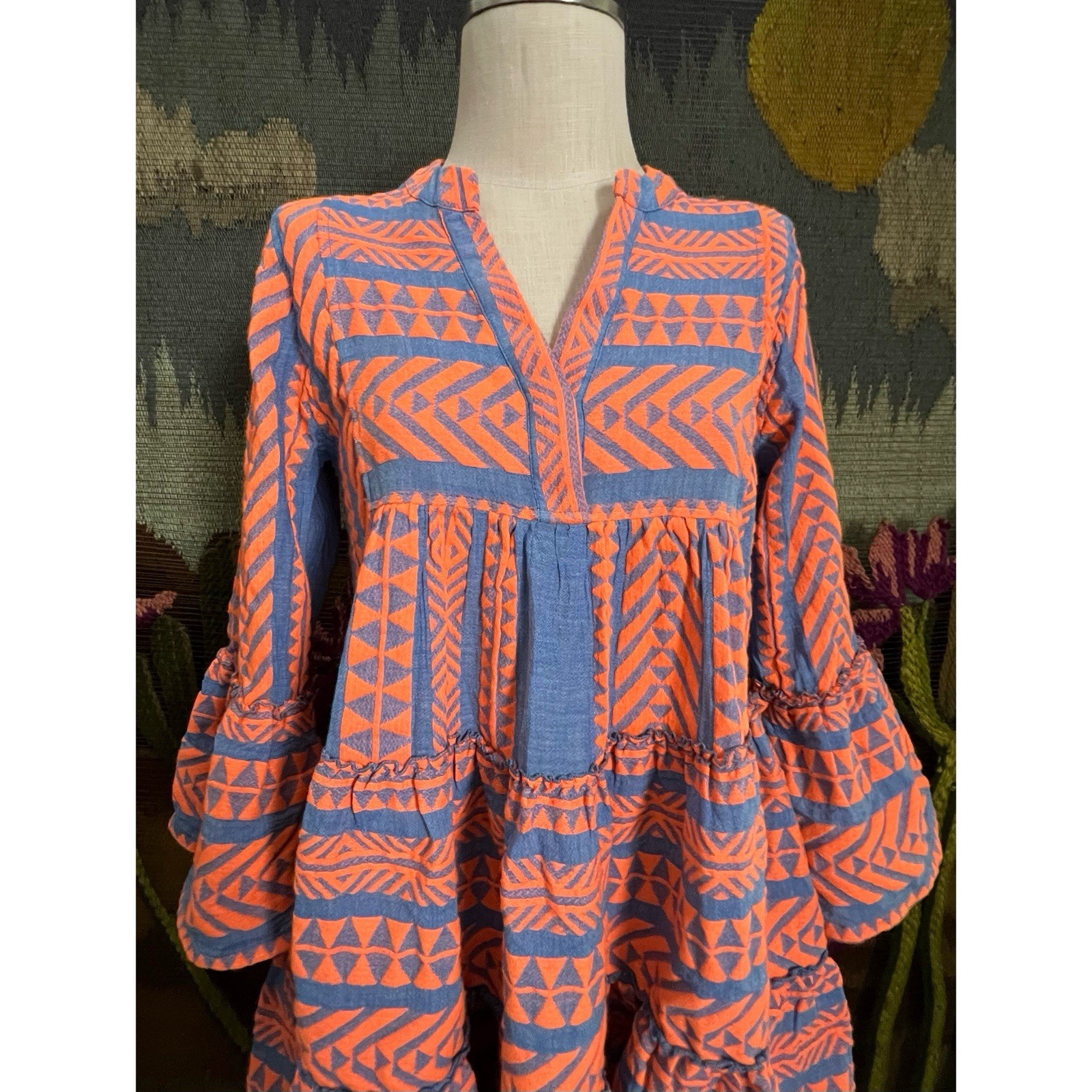 Devotion Twins Embroidered Orange Chambray Blue Embroidered Mini Dress XS