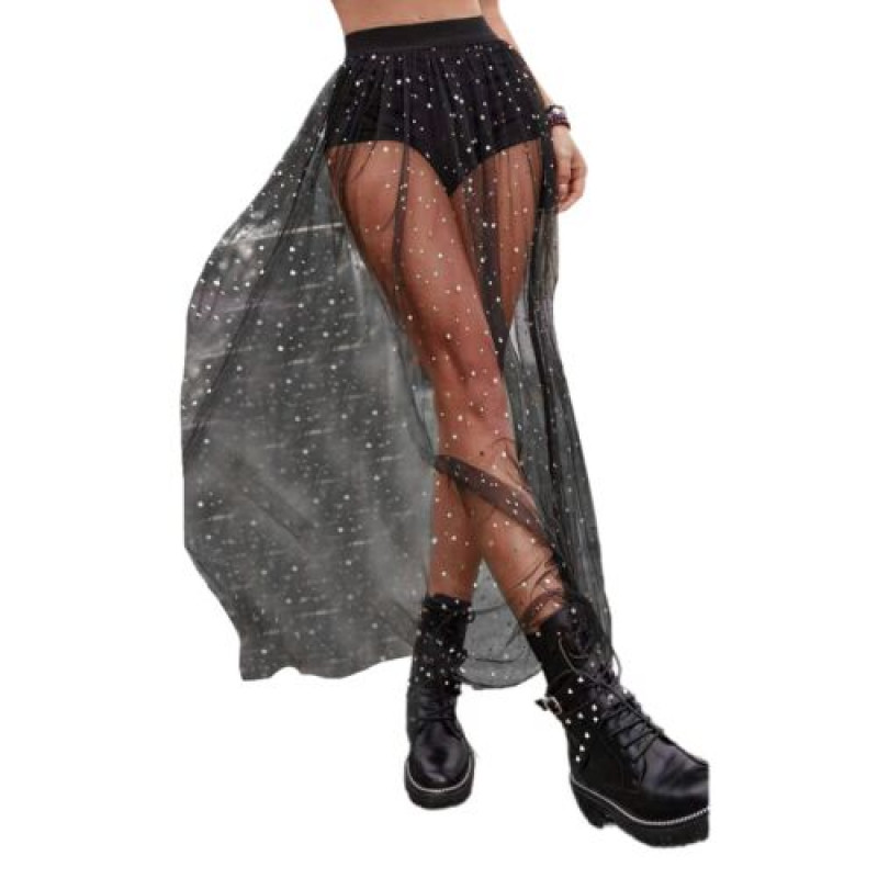 Womens Nightclub Sexy Perspective Pleated Lace Wrap Hip Mesh High Waist Skirt
