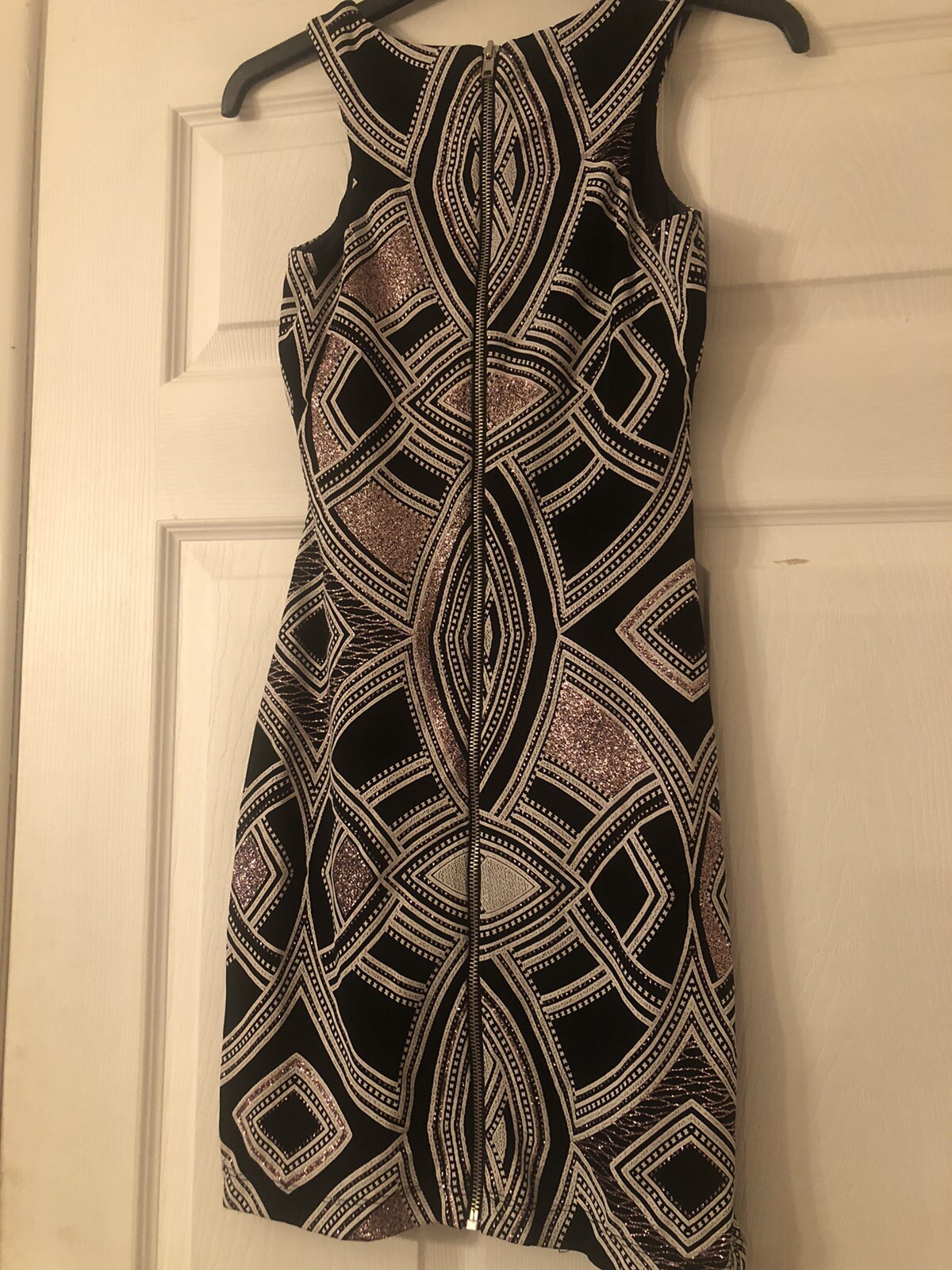 Speechless Black/Silver Pink Shimmer Geometric Zip Bodycon Dress Size 1