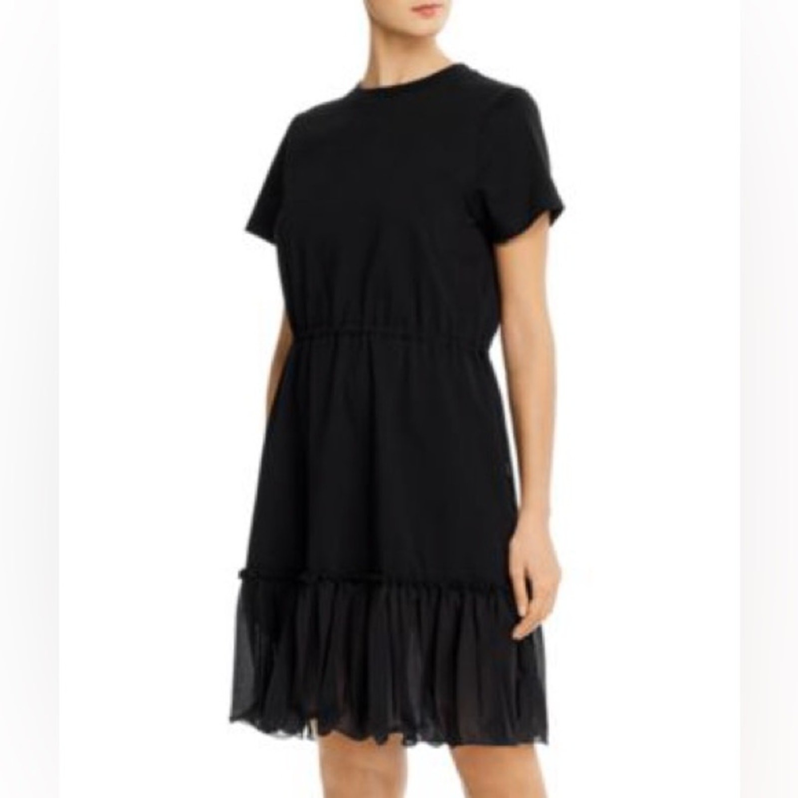 See by Chloe Ruffled T-Shirt Dress Black Drawstring Waist Sheer Flounce Hem XL