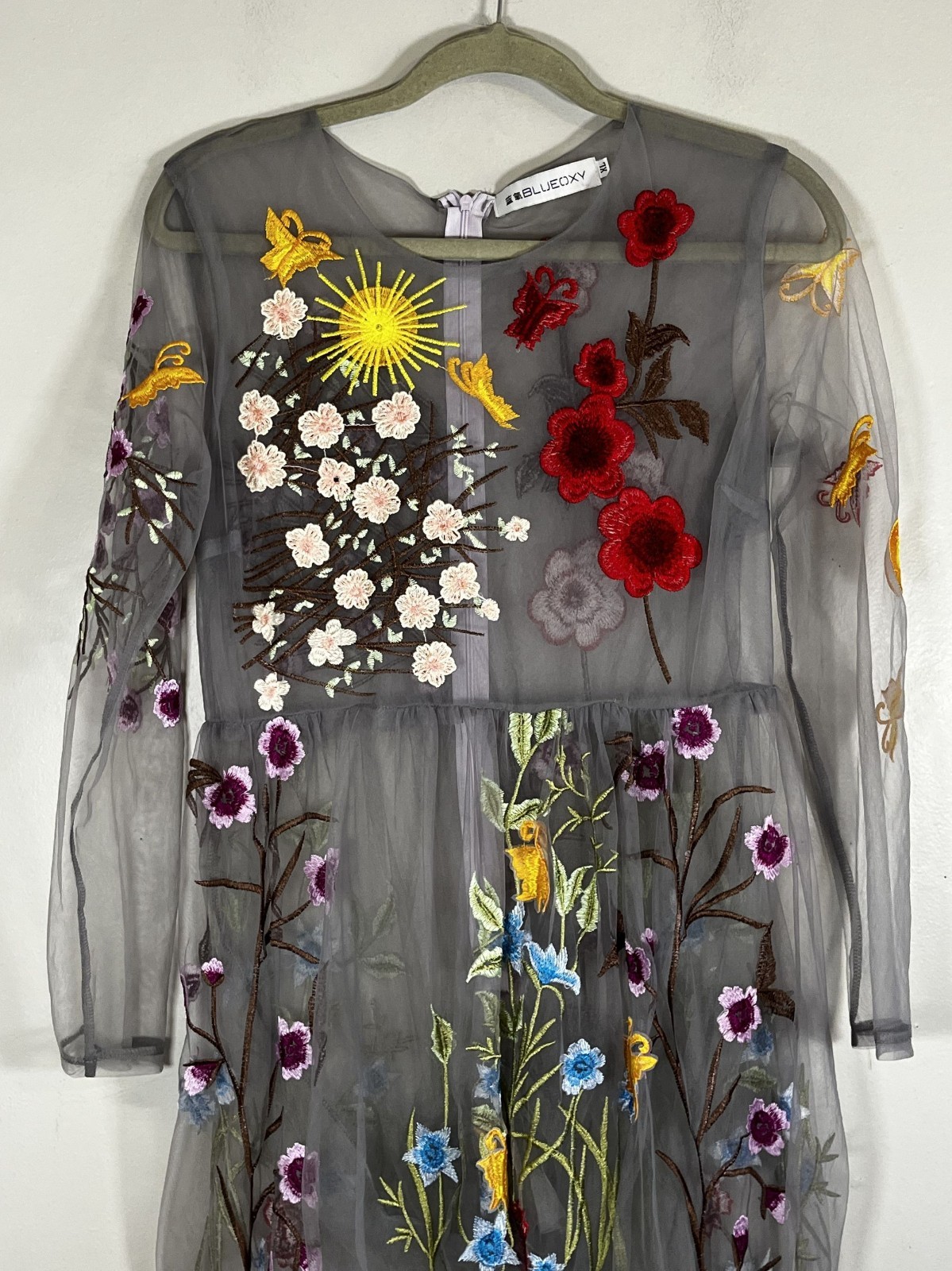 Retro Floral Mesh Maxi Dress Gray XL Whimsical Romantic Fairy Sheer Colorful Art
