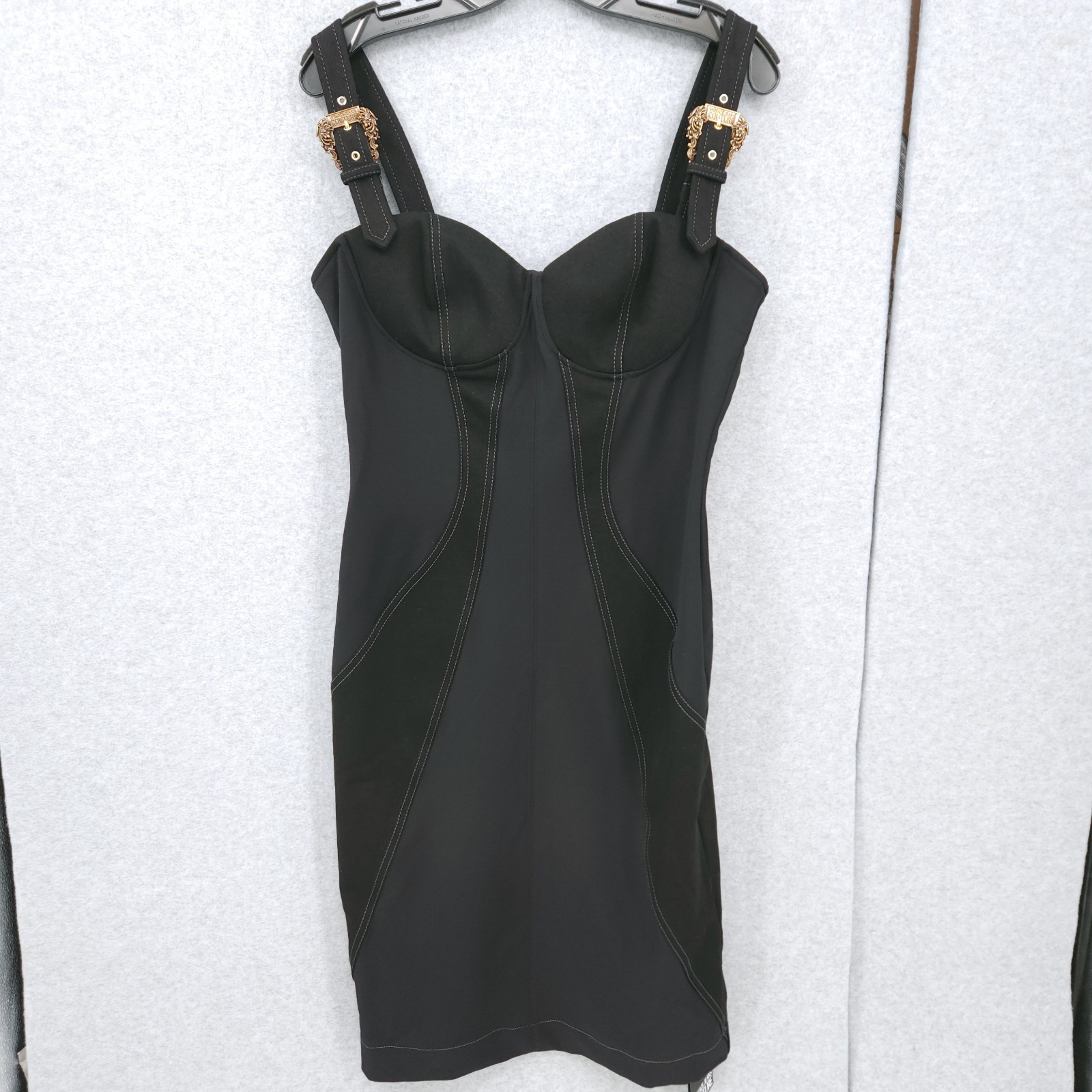 Versace Jeans Couture Baroque Buckle Embellished Seam Sheath Black Dress 2 NWT