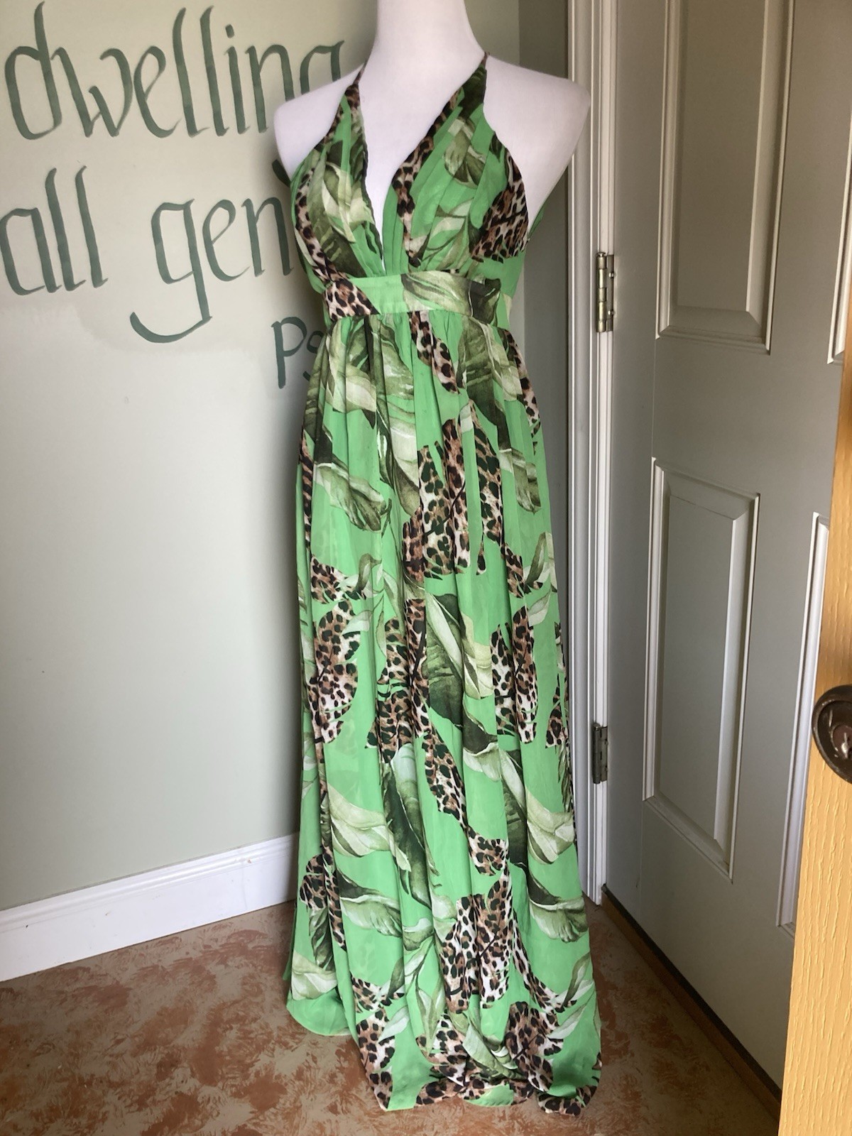 S Strappy Halter Green Leaf Long Maxi Sun Dress Knee-slit Versatile V-neck Lined