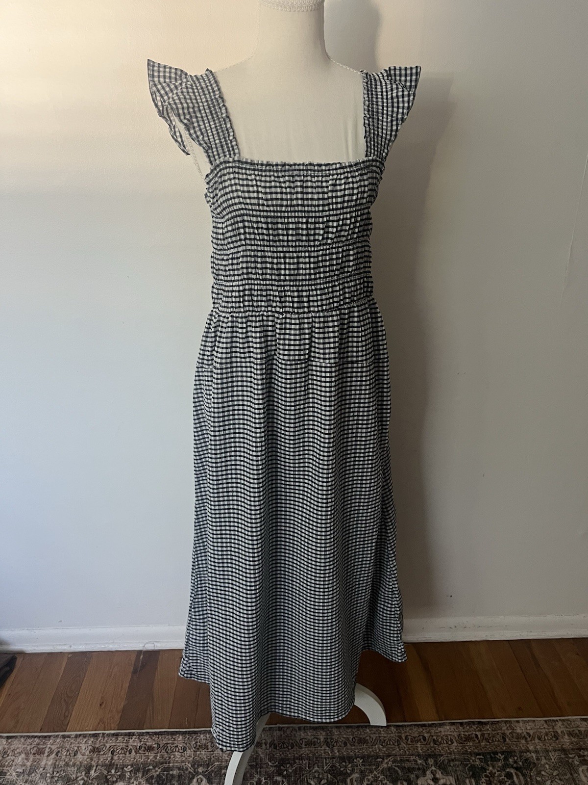 Old Navy Black White Gingham cottage Smocked Midi Dress Ruffle Straps M