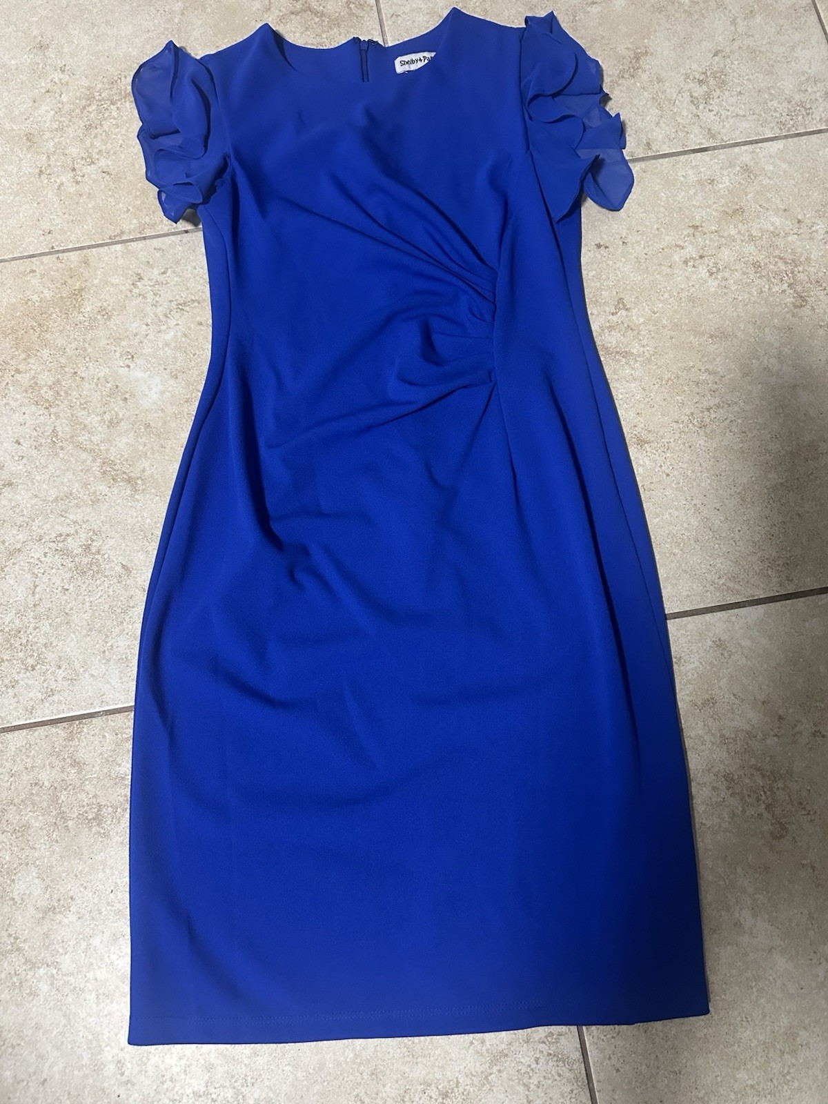 Shelby & Palmer Blue Sheath Dress Size 6 Knee Length Ruffle Short Sleeve