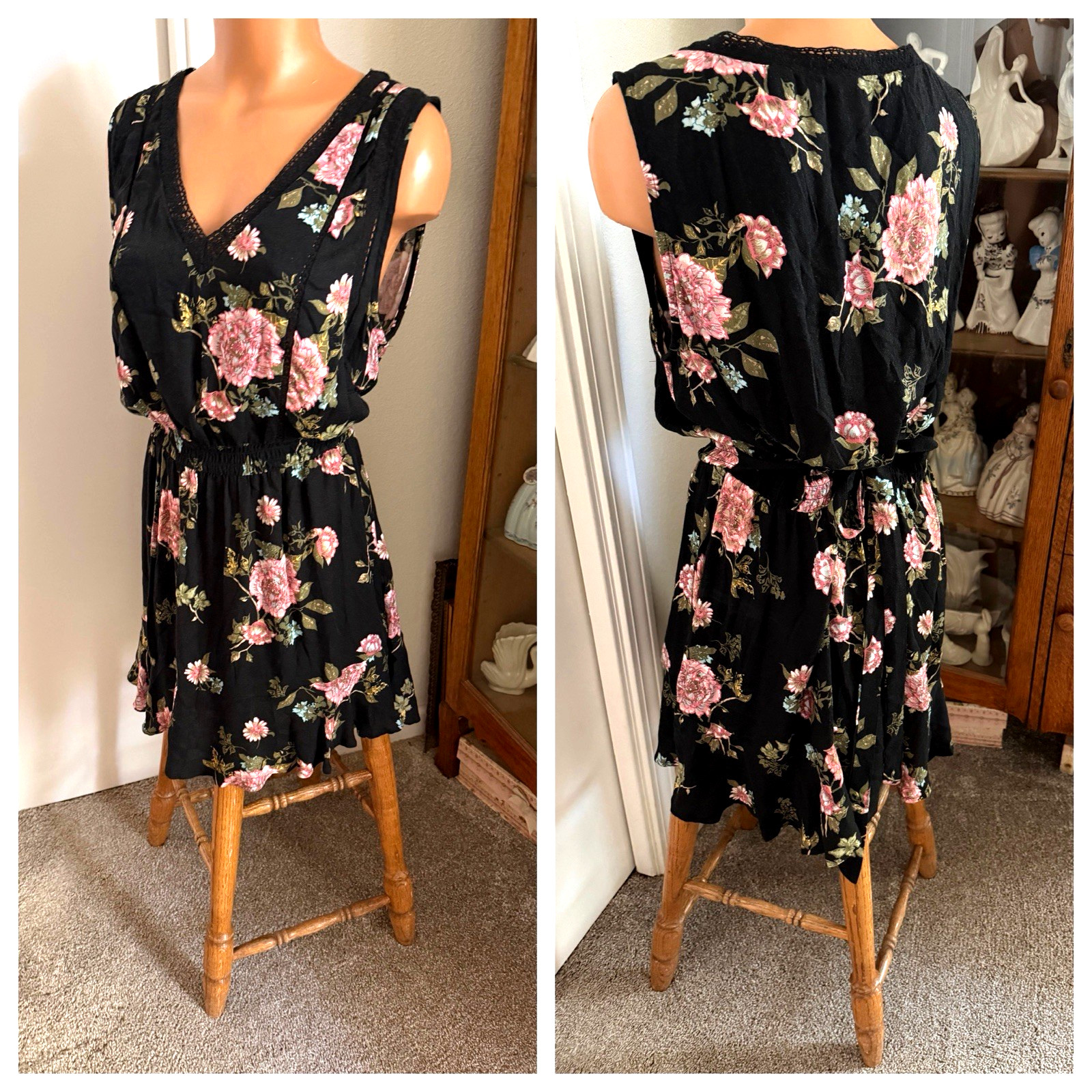 AMERICAN RAG CIE BLACK FLORAL W/ LACE TRIM & MATCHING BELT RAYON SUNDRESS SZ XXL