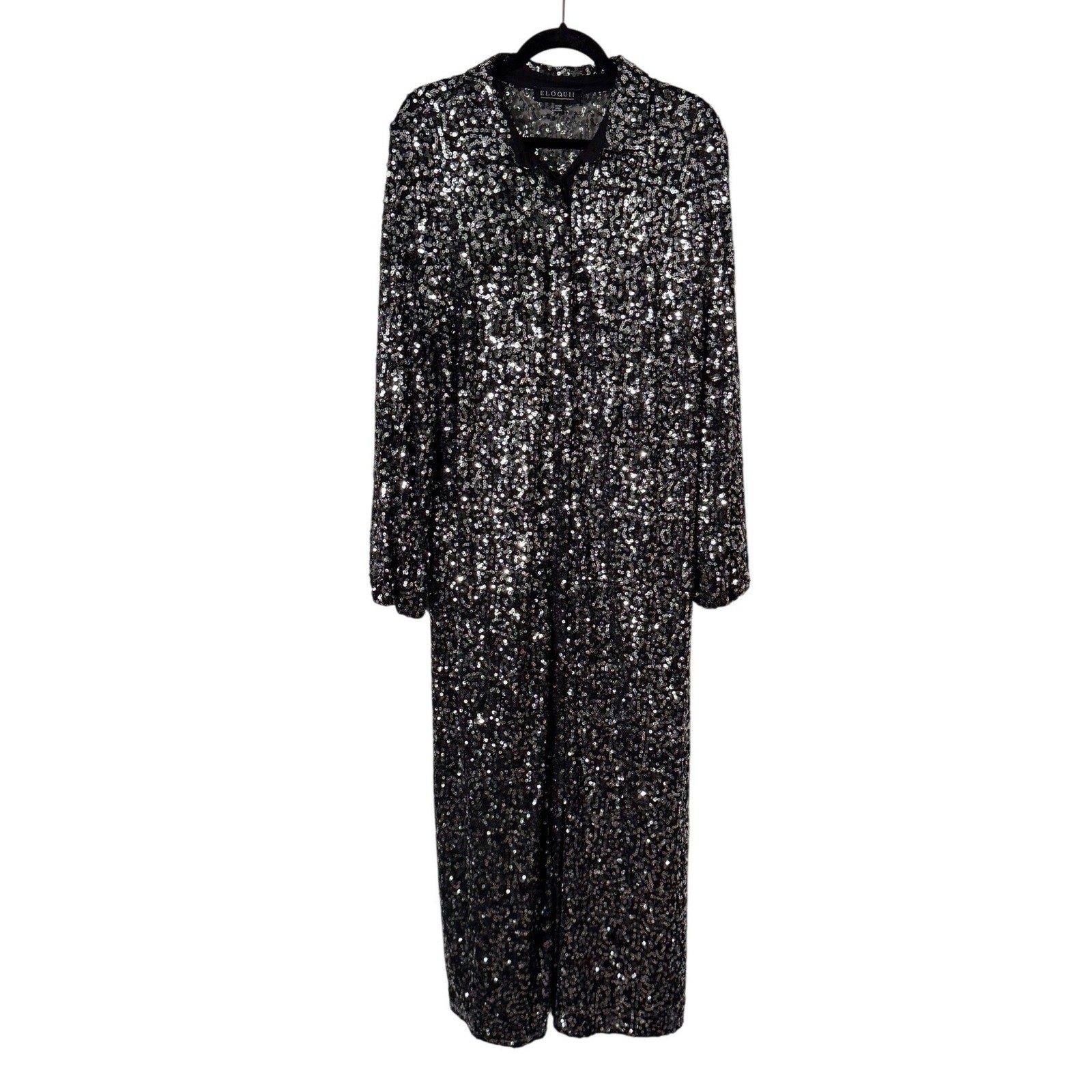 Eloquii Sequin Black Silver Semi Sheer Button Front Maxi Duster Shirtdress 22/24