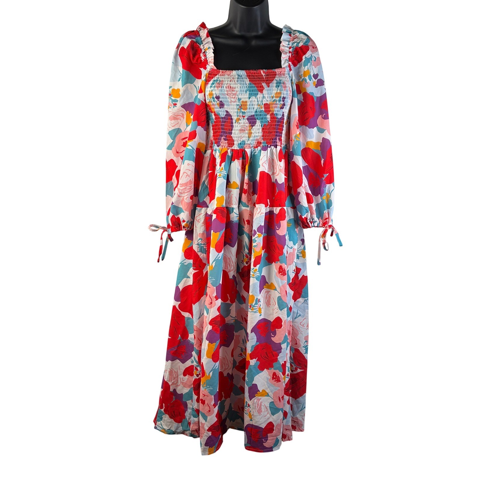 SundayUp Womens Floral Smocked Maxi Dress Long Puff Sleeve Tiered Multicolor LG