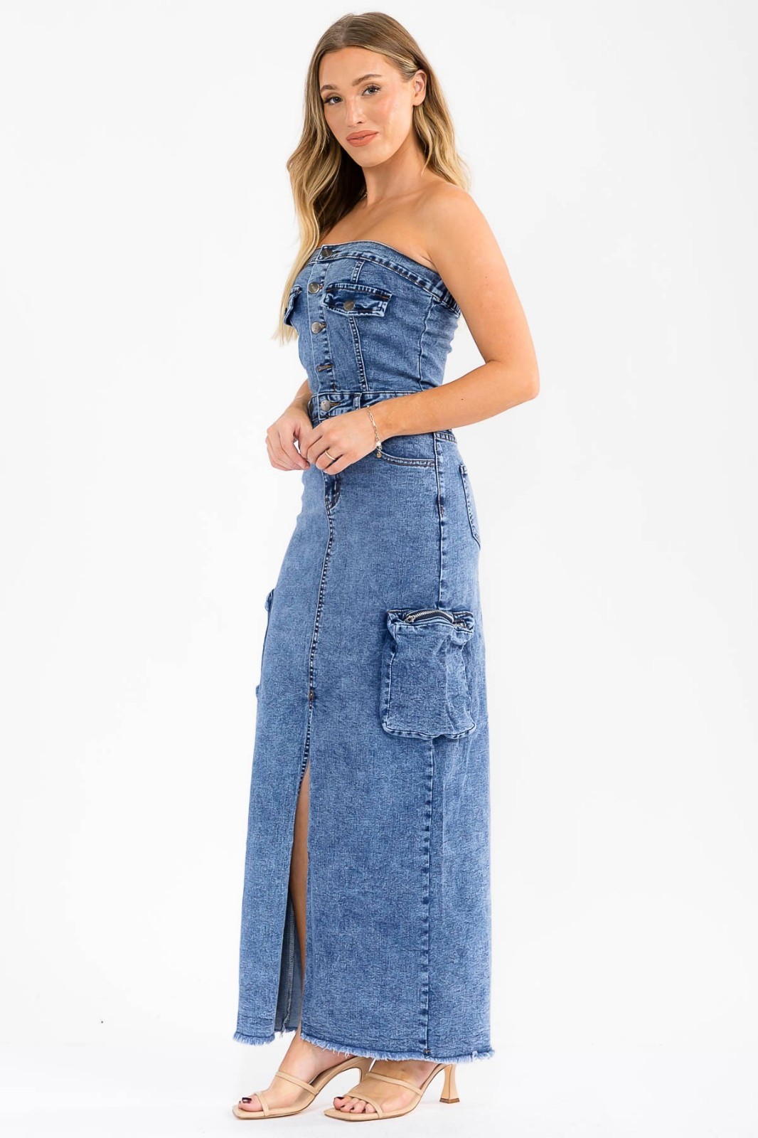 Denim Stretch Maxi Split Dress Cargo Pockets 2026 Trend SMALL MEDIUM LARGE NWT