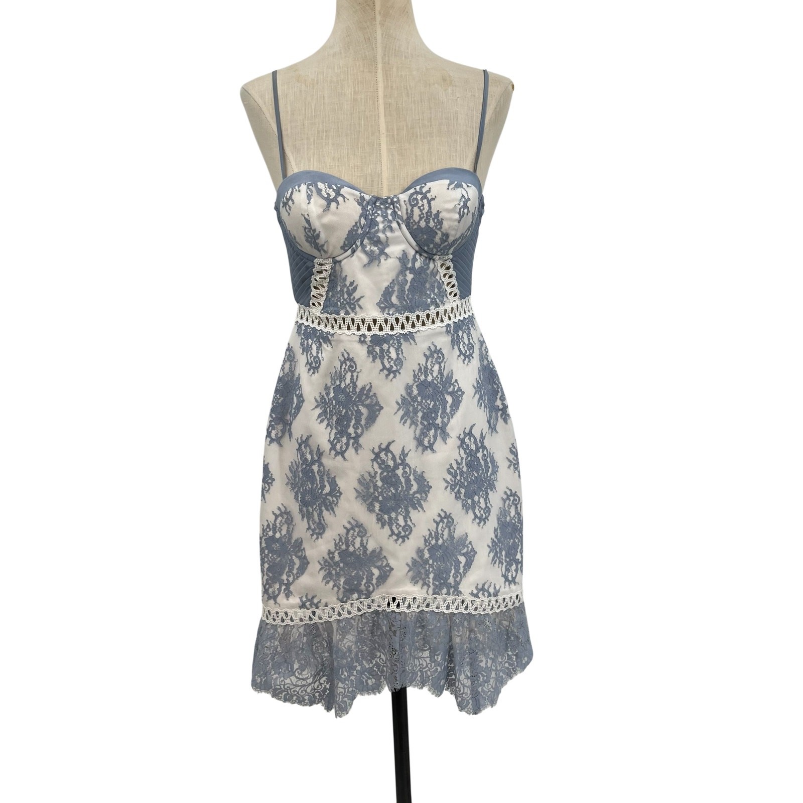 NBD Timantha Lace Bustier Mini Dress Crochet Trim White Blue Size Small