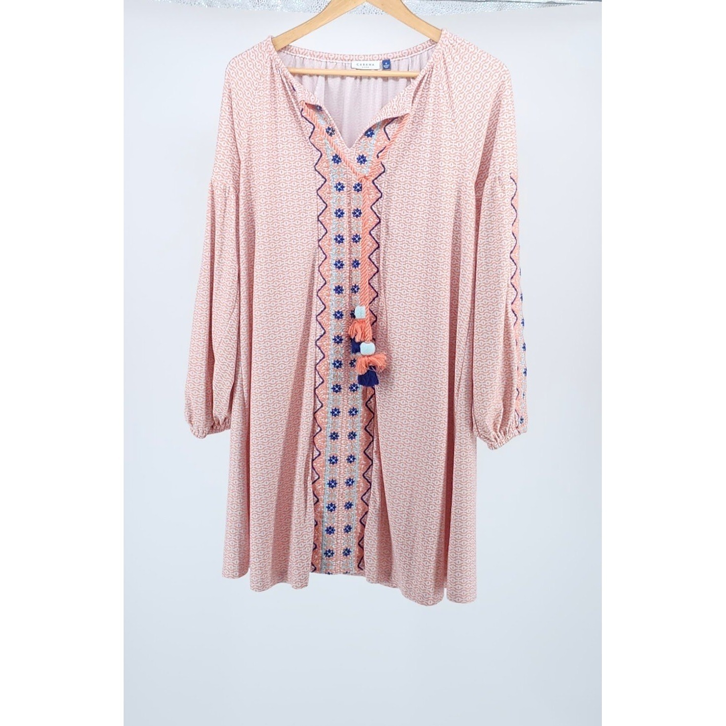 Cabana Life Women Coral Geometric Embroidered Tassel Tunic Dress Medium
