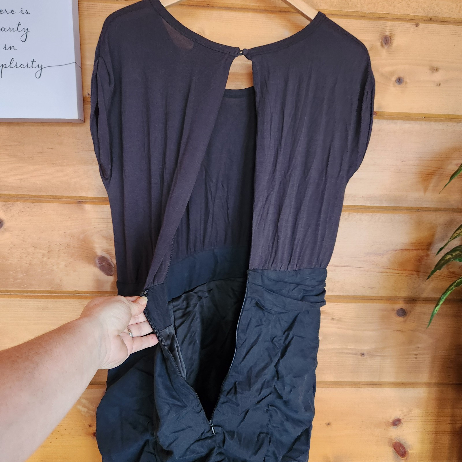 MM Couture by Miss Me Black Silk Blend Cut Out Back Ruched Blouson Stretch Sz L