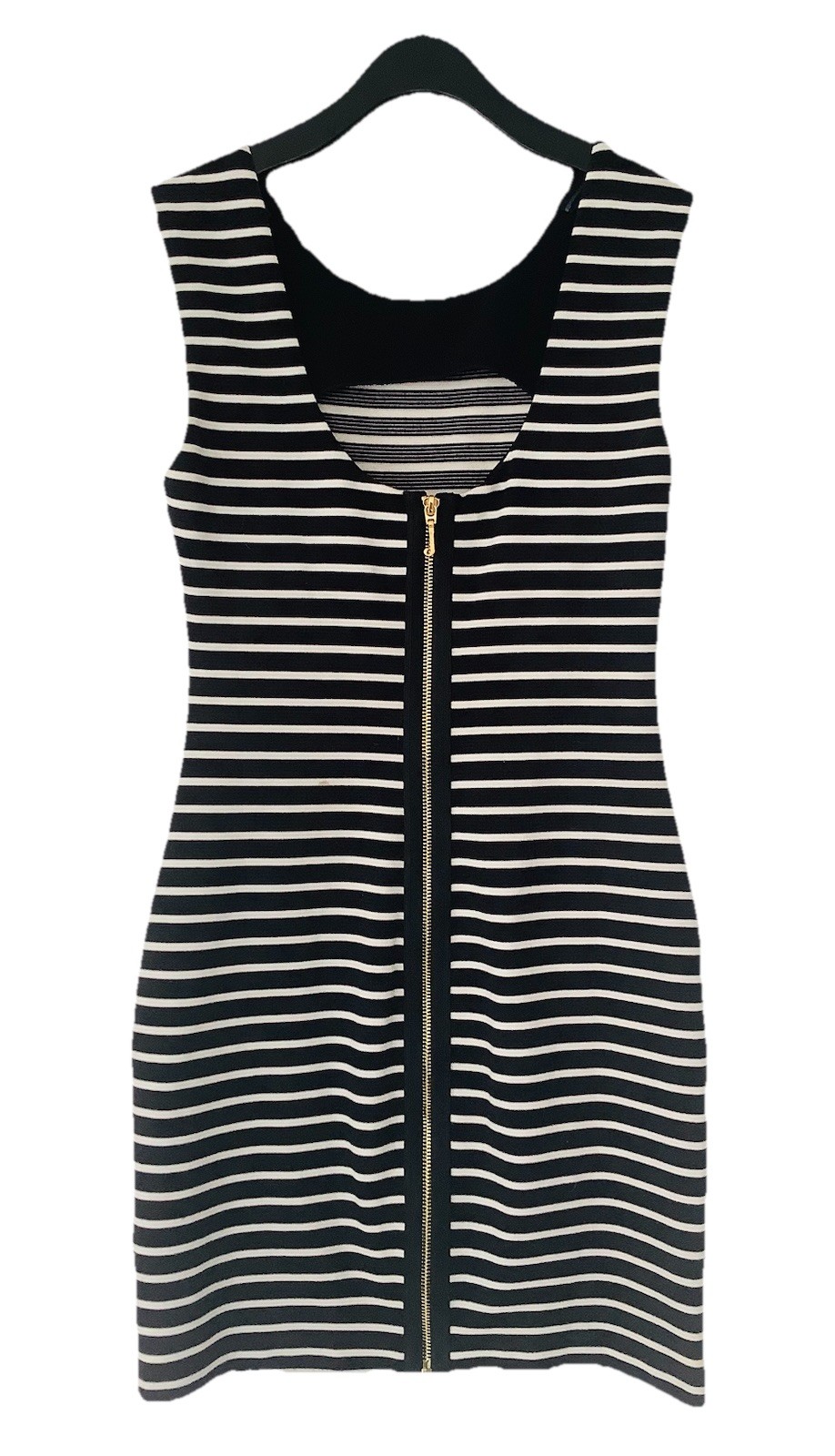 JUICY COUTURE FITTED STRIPE PONTE DRESS Expose Zipper Bodycon Mini BLACK ANGEL S