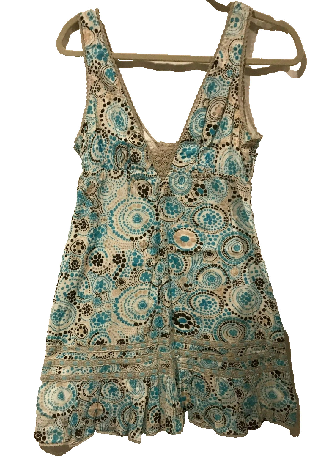 Free People Blue Tan Retro Style Mini Dress (Sz 6) Cotton 32″ L Circles Dots